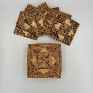 Handmade Basket Woven 6 Piece Coaster Set With Basket Weave Box